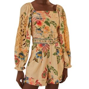 Farm Rio Sand Delicate Garden Floral Lace Romper Linen Blend XS New with Tag